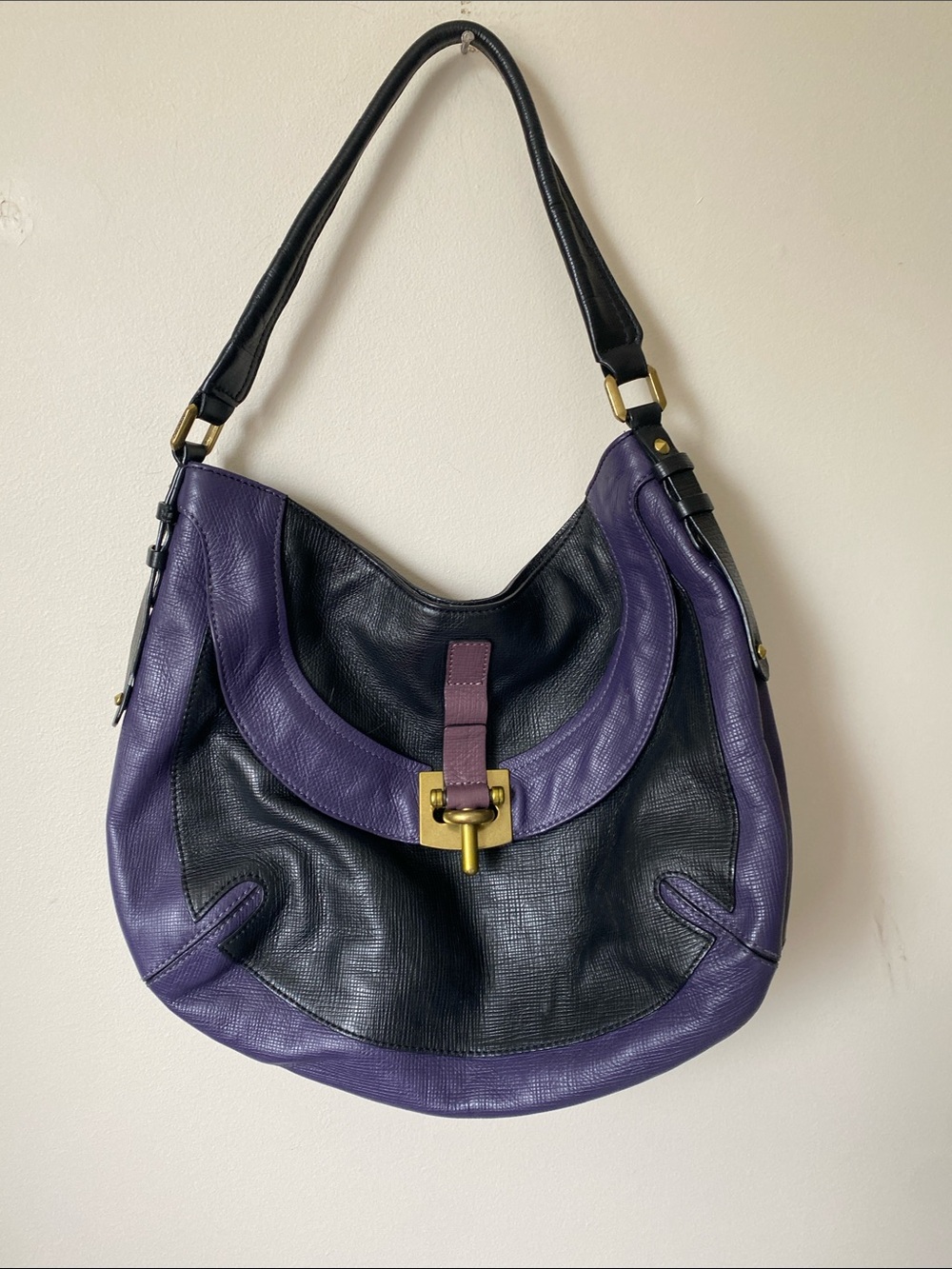 Black and Purple Leather Shoulder Bag with Gold Hardware